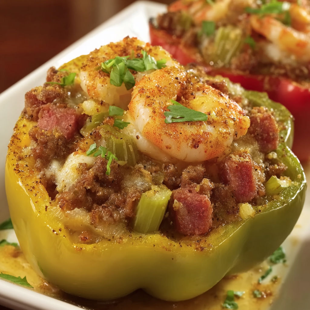 A close up of a pepper filled with shrimp and other ingredients.
