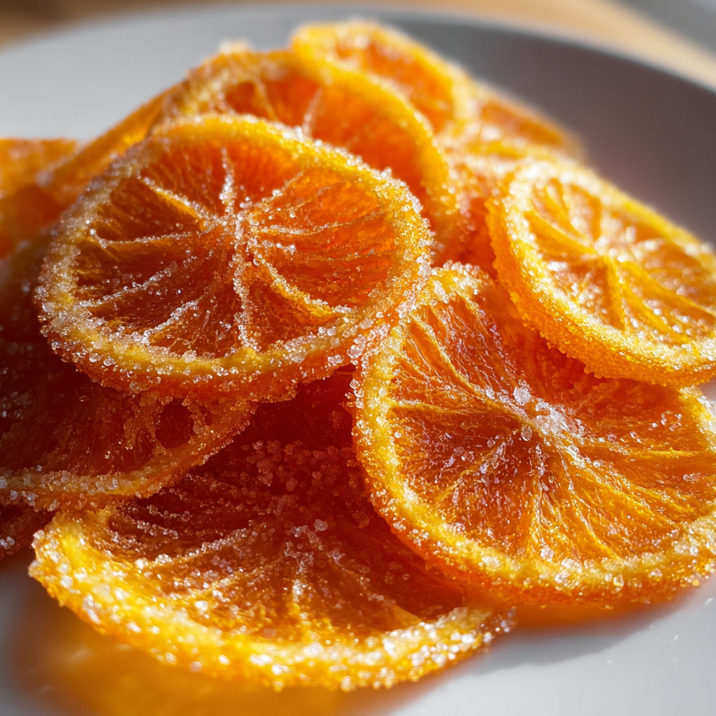 A plate of candied orange slices, ready to be enjoyed.