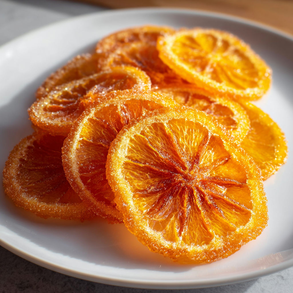 A plate of candied orange slices, also known as orange marmalade, is displayed on a table.