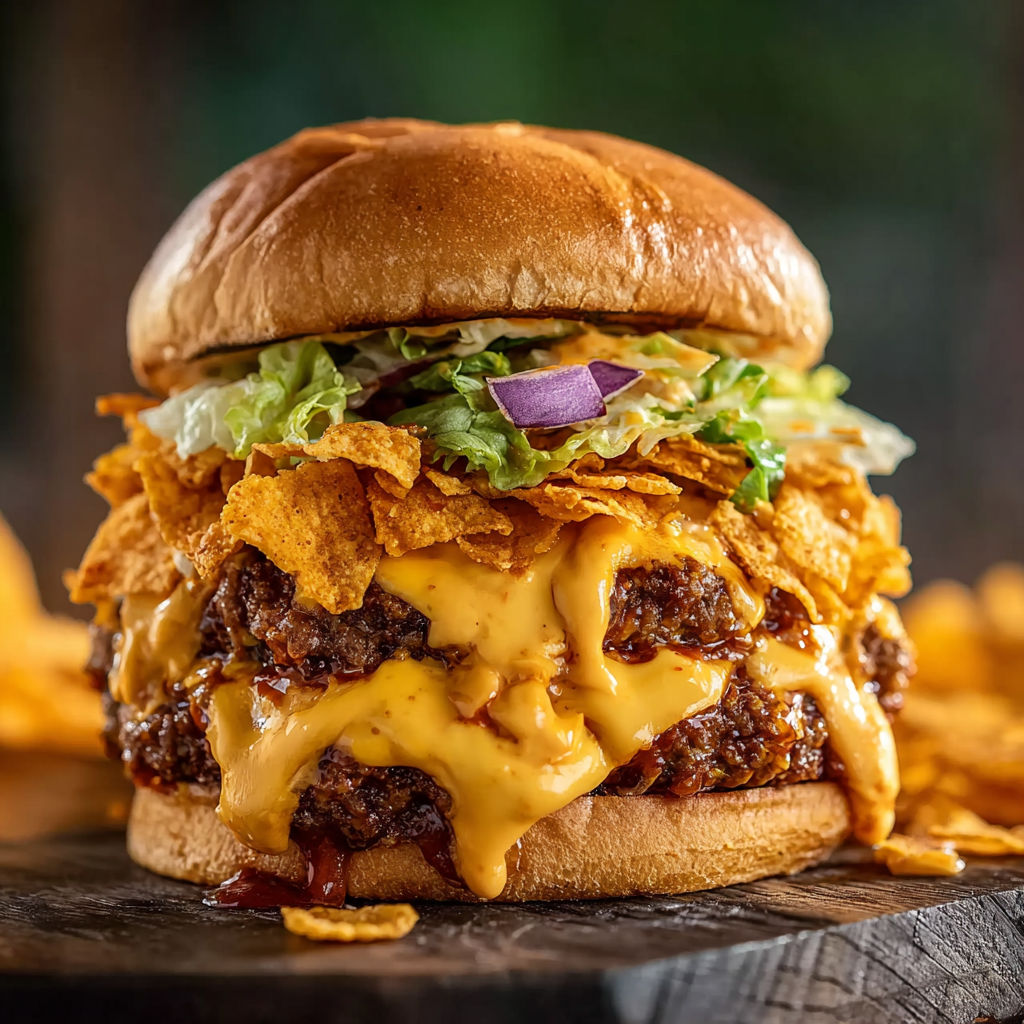 A delicious cheeseburger with lettuce, tomato, and chips on a wooden table.