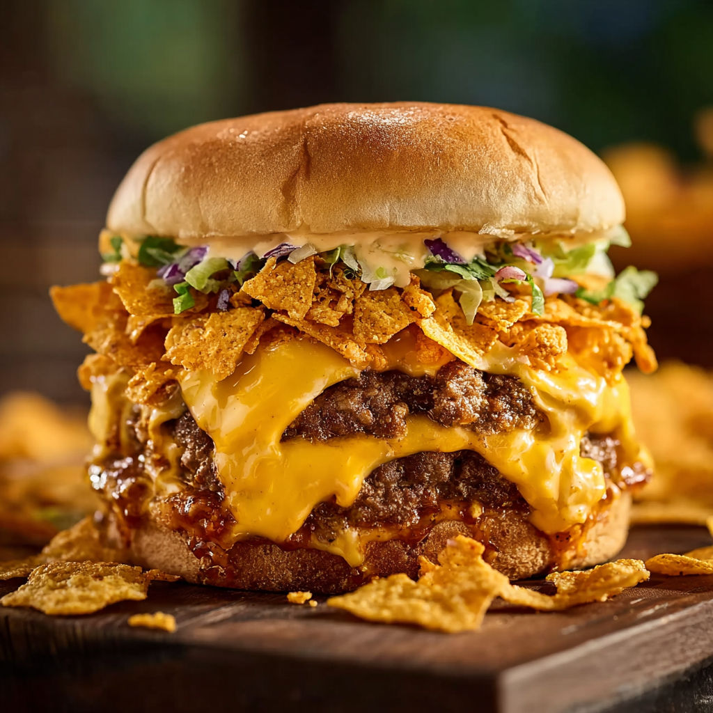 A large burger with lettuce, cheese, and chips on top.