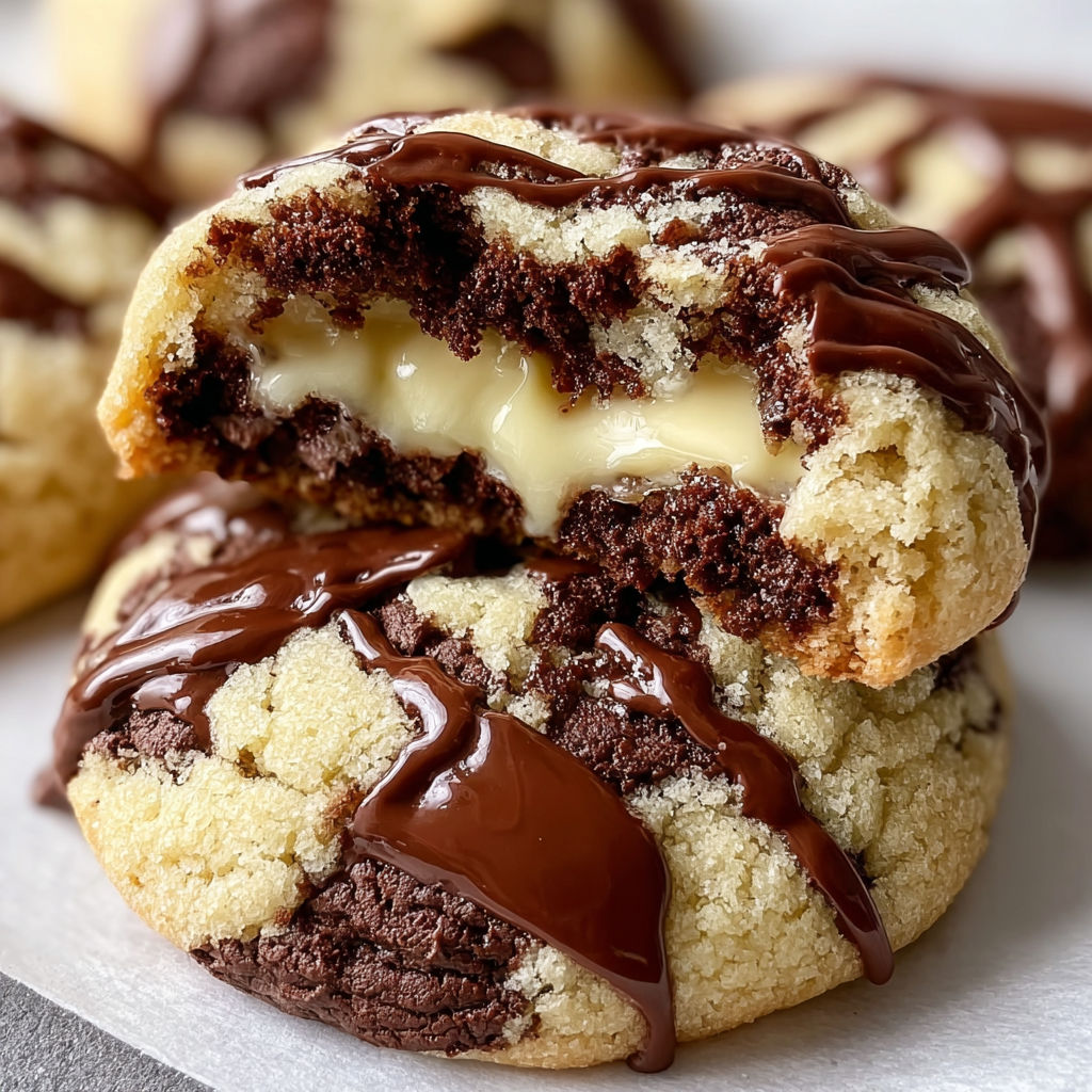 A close up of a delicious chocolate chip cheesecake cookie with chocolate drizzle on top.