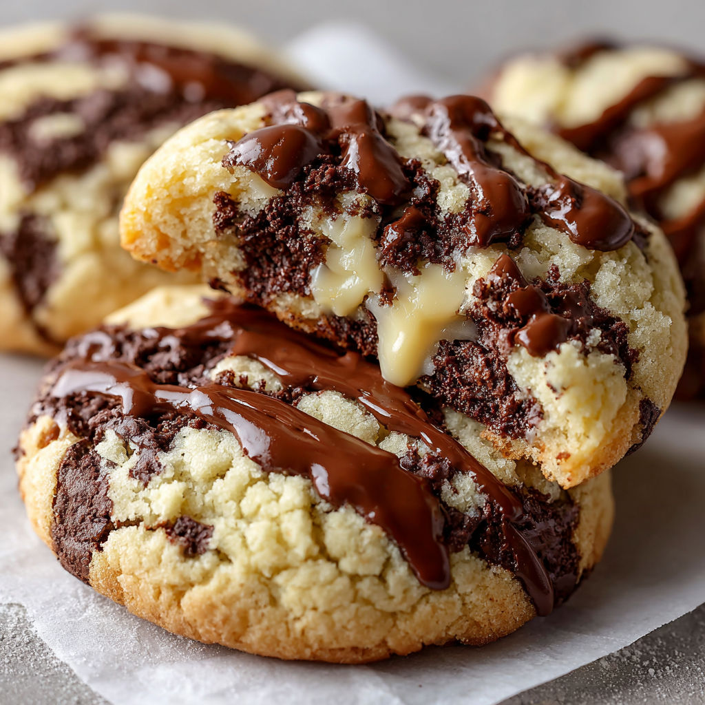A close up of a chocolate chip cookie with chocolate drizzled on top.