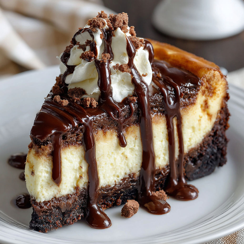 A slice of chocolate cheesecake with chocolate drizzle on a white plate.