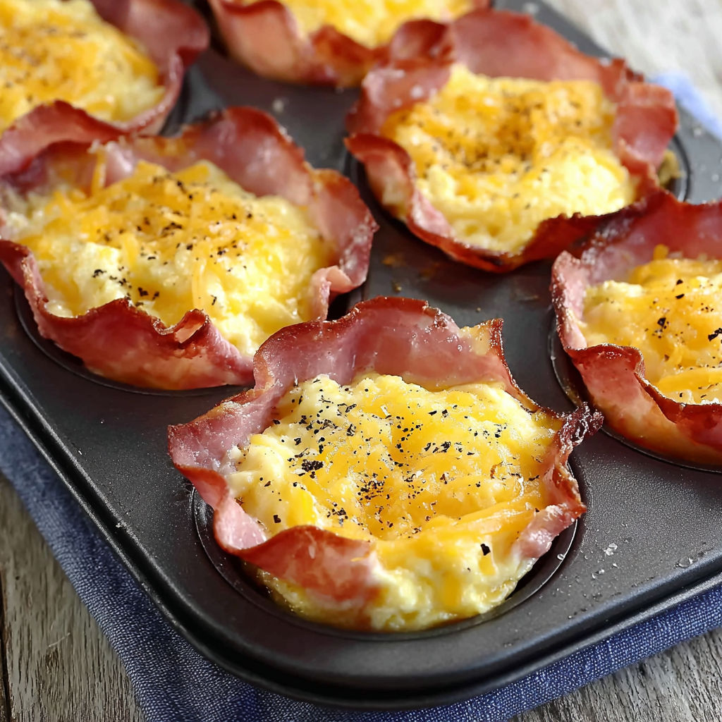 A tray of bacon and cheese muffins with a spoonful of cheese on top.