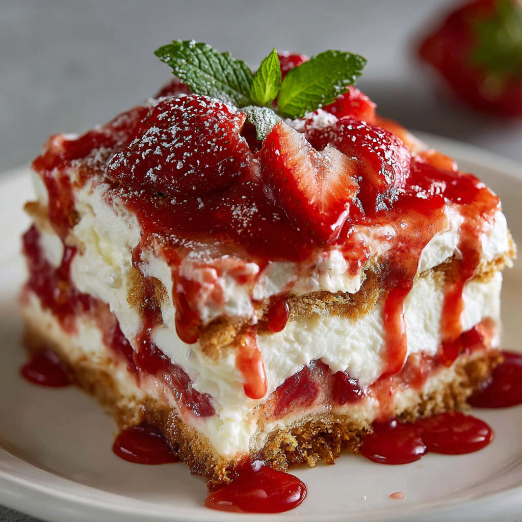 A slice of No-Bake Strawberry Cheesecake Lasagna with a dollop of whipped cream on top.
