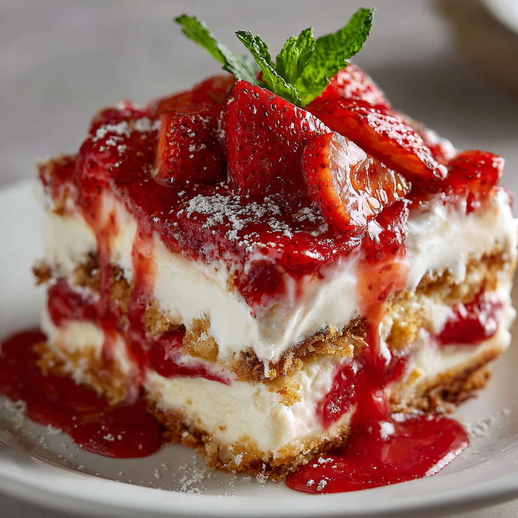 A slice of strawberry cheesecake with a strawberry on top.