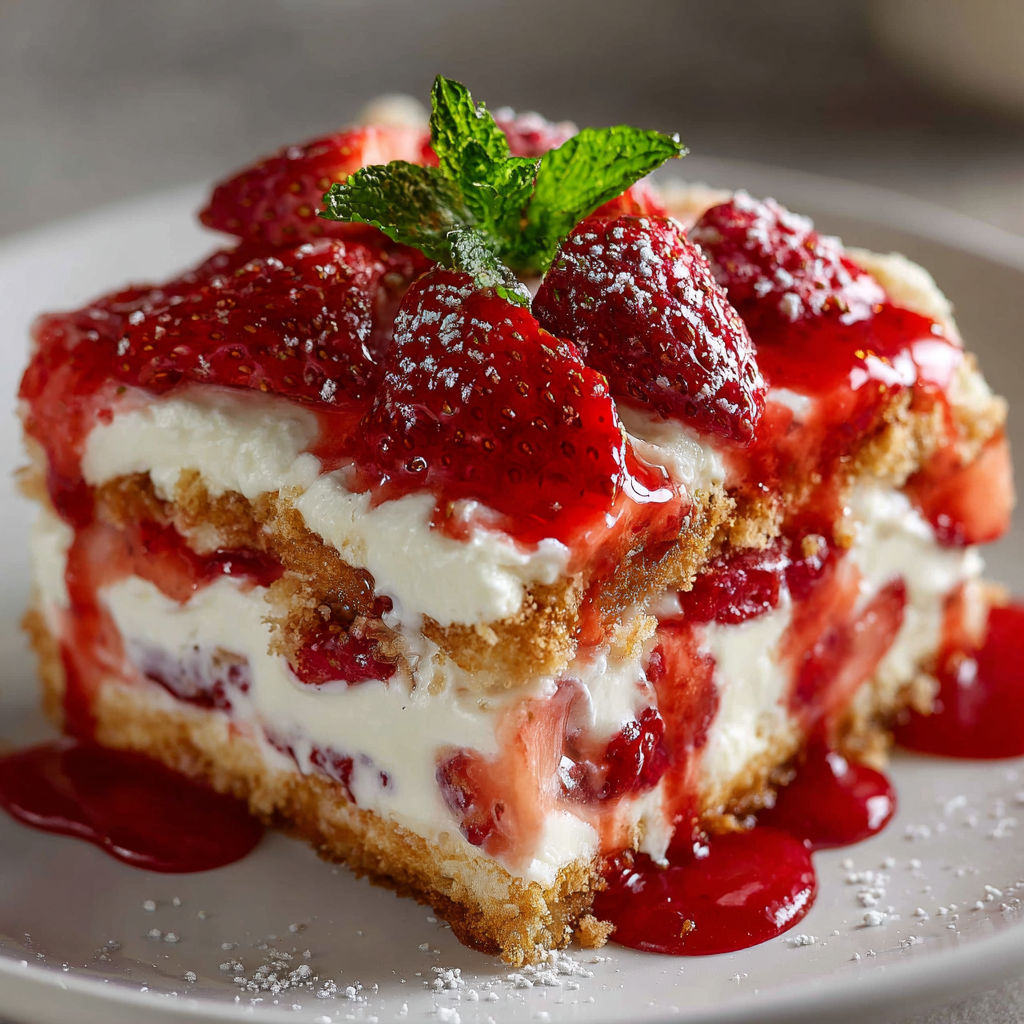 A slice of strawberry cheesecake with whipped cream and strawberries on top.