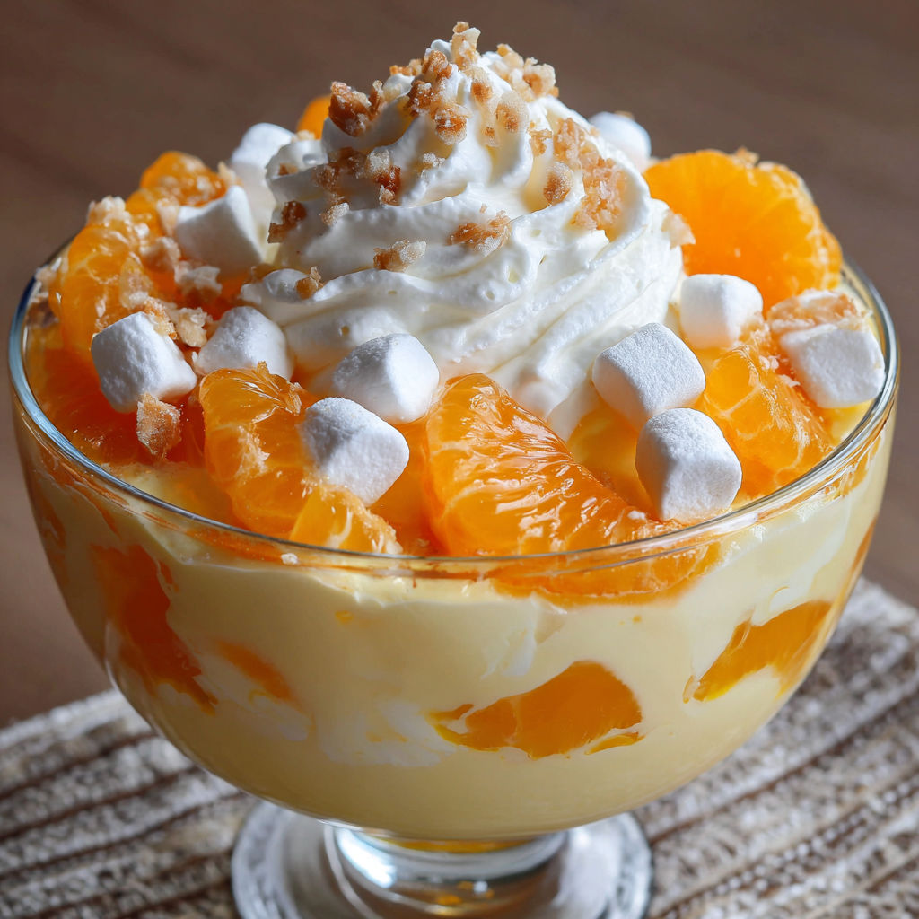 A glass bowl filled with a creamy orange dessert, topped with whipped cream and orange slices.