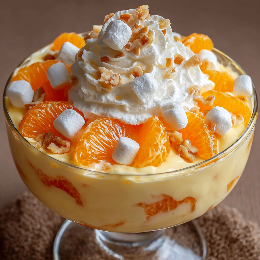 A delicious dessert made with orange slices, whipped cream, and marshmallows, served in a glass bowl.