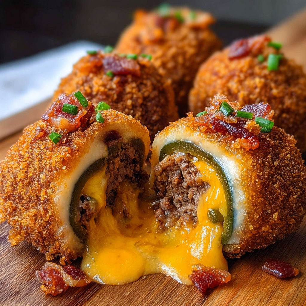 A close-up of a delicious Bacon Blast Cheeseburger Fry Bomb, with melted cheese and bacon, served on a wooden table.