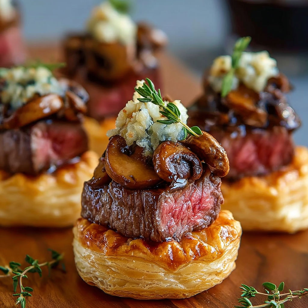 A close up of a delicious steak tartar with mushrooms and blue cheese on top.