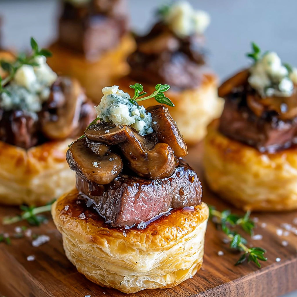 A plate of meat and mushroom filled pastries with blue cheese on top.