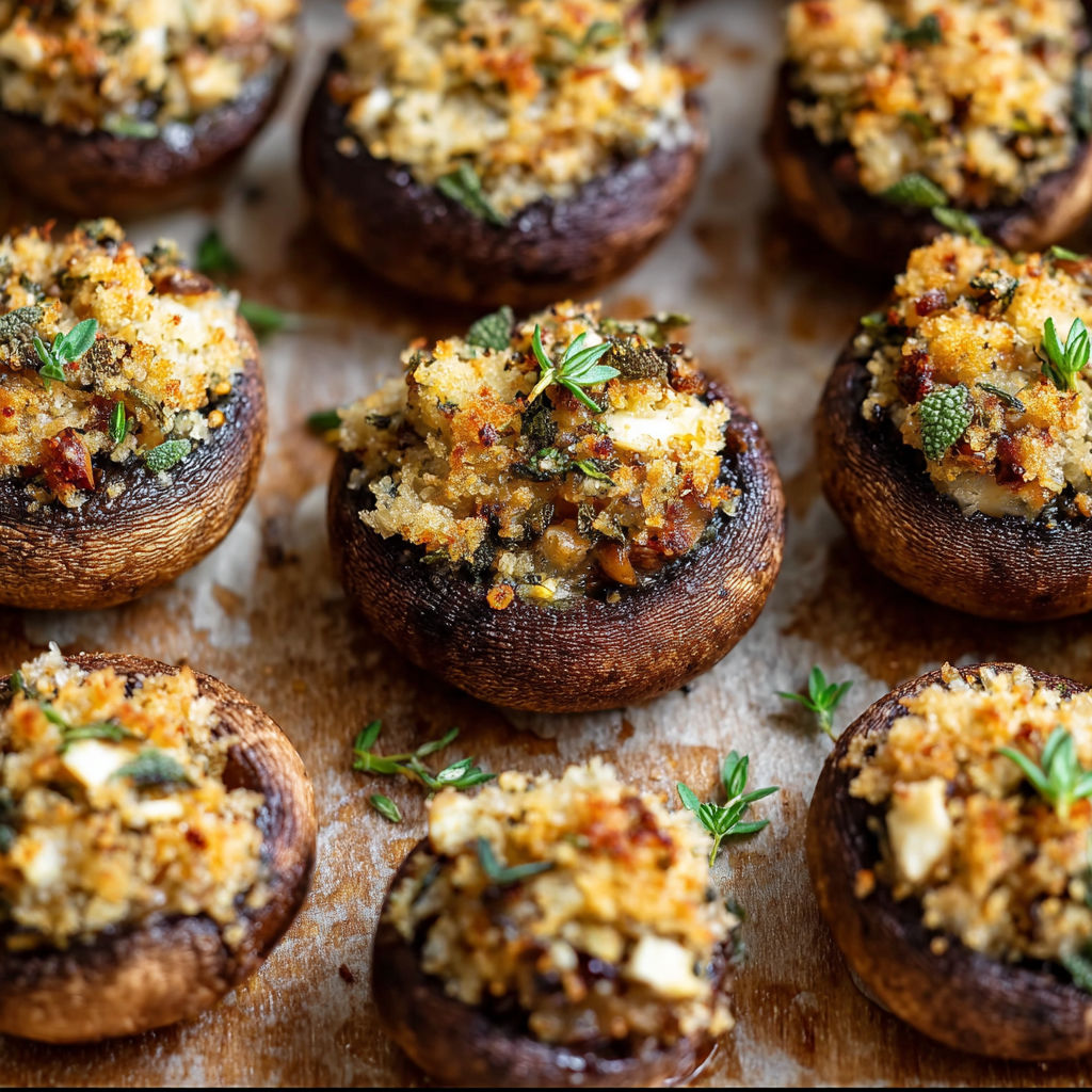 A plate of vegan stuffed mushrooms with a variety of toppings.