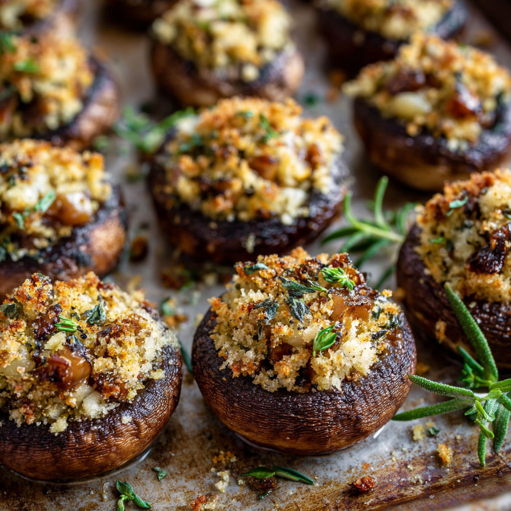 A tray of vegan stuffed mushrooms with a variety of toppings.