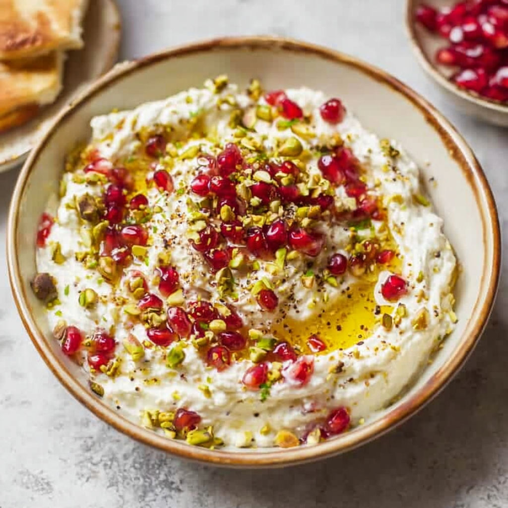 A bowl of white dip with red pomegranate seeds on top, possibly a hummus or tzatziki sauce, sits on a table.
