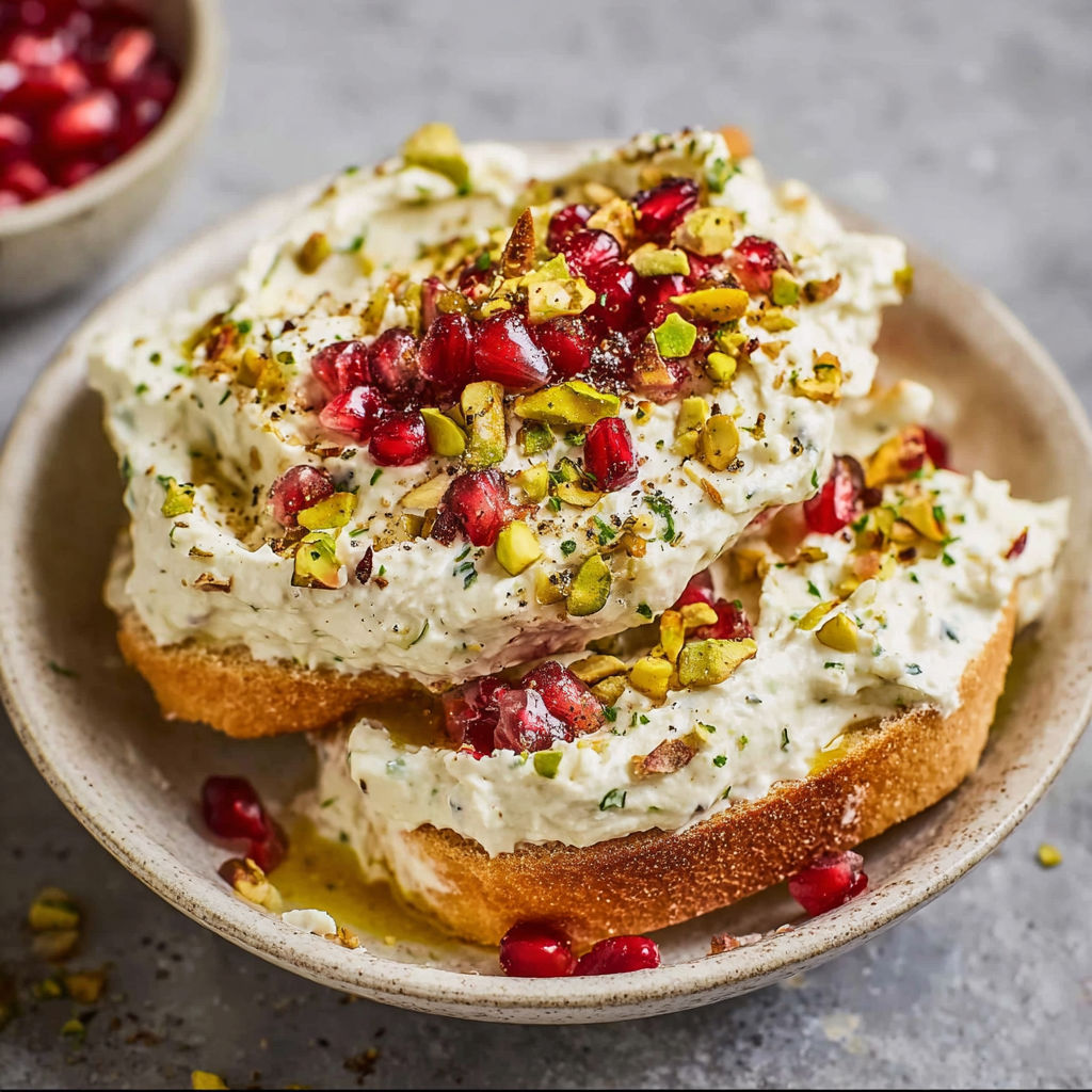 A bowl of food with a topping of pomegranate seeds and pistachio nuts.