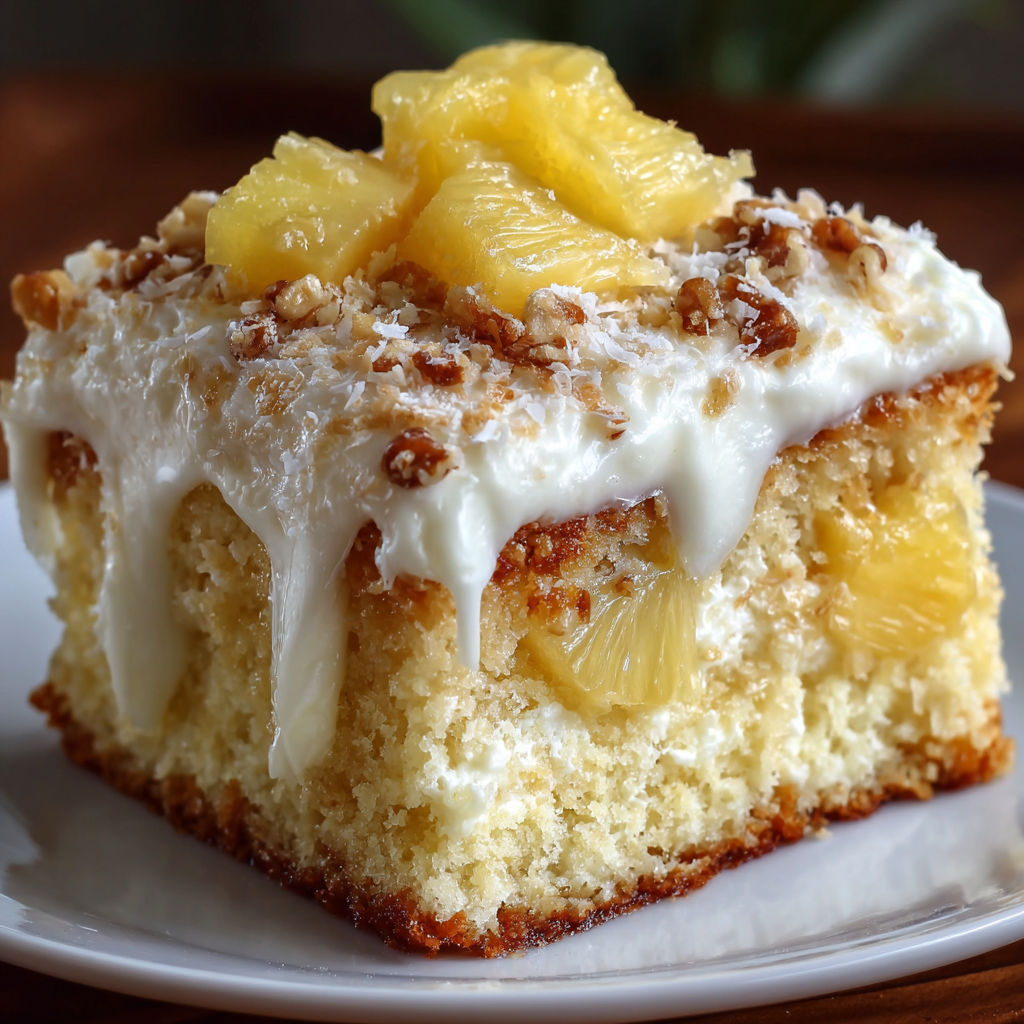 A slice of Hawaiian Pineapple Cake with white frosting and topped with a slice of pineapple.