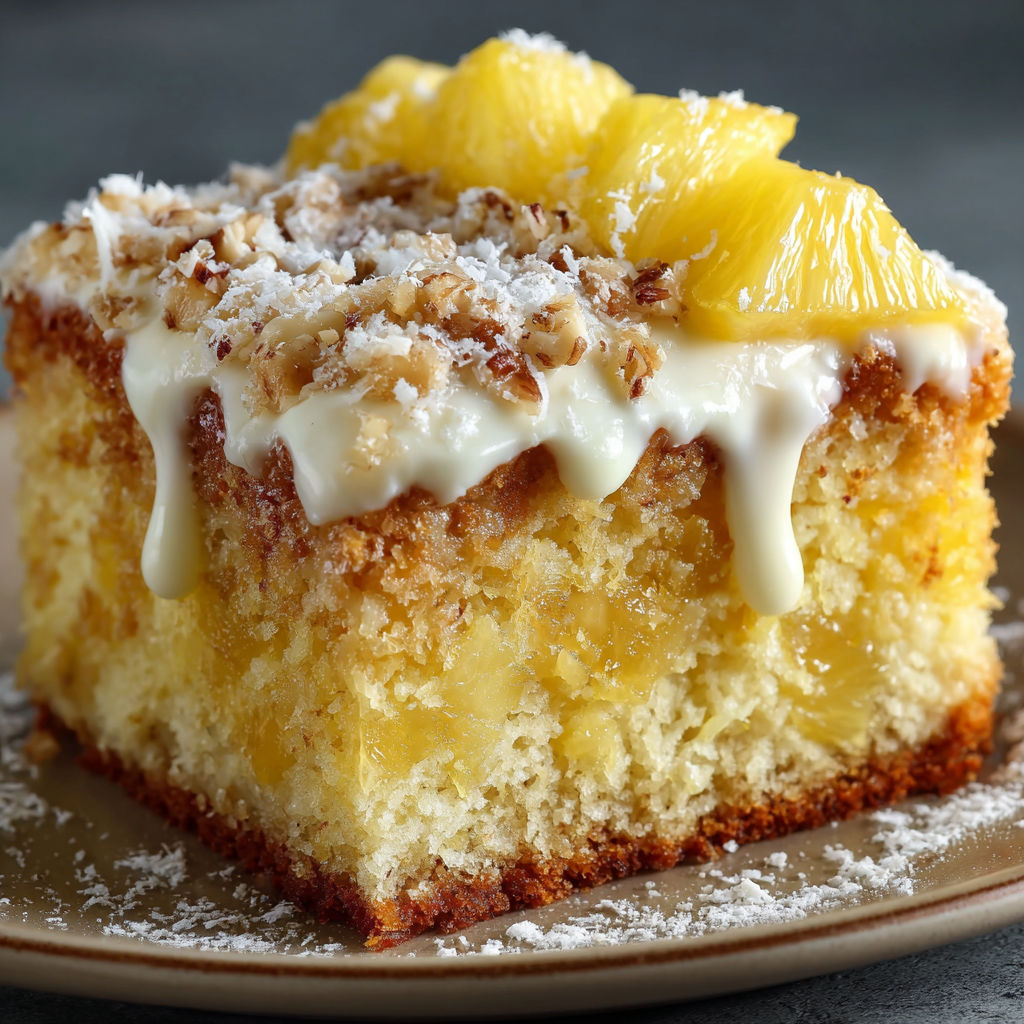 A slice of Hawaiian Pineapple Cake with white frosting and a sprinkle of coconut on top.