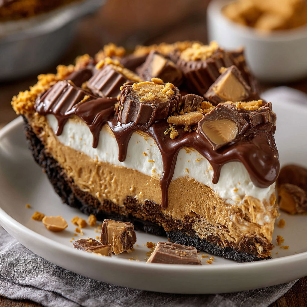 A slice of the Giant Reese's Peanut Butter Cup Pie is displayed on a plate.