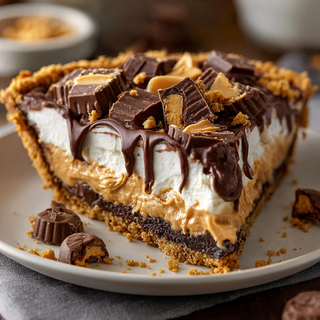 A slice of a Giant Reese's Peanut Butter Cup Pie is displayed on a plate.