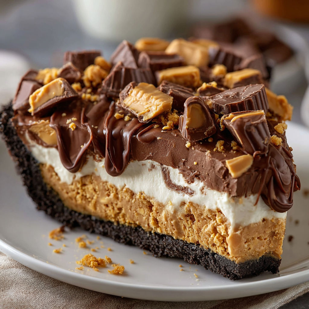 A slice of the Giant Reese's Peanut Butter Cup Pie is displayed on a plate.