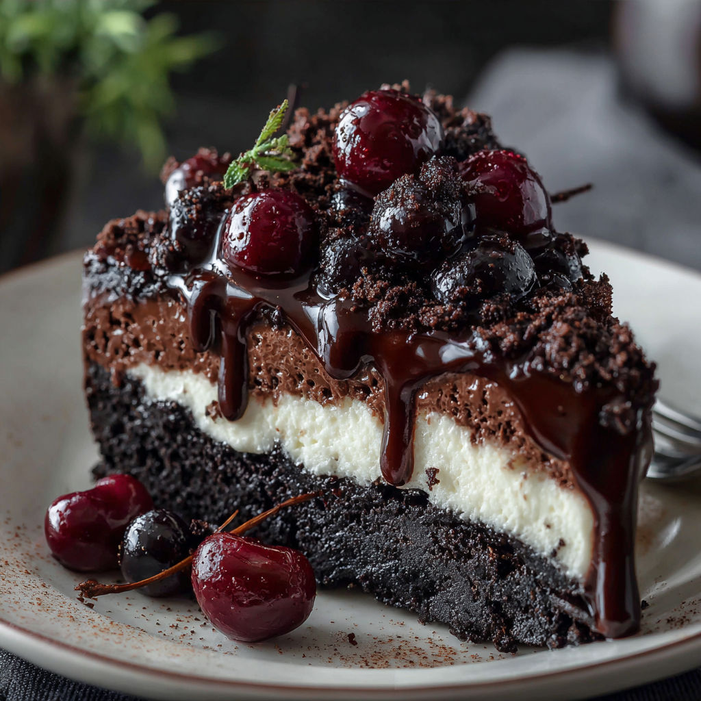 A slice of Black Forest Cheesecake Symphony is drizzled with chocolate sauce and topped with cherries.