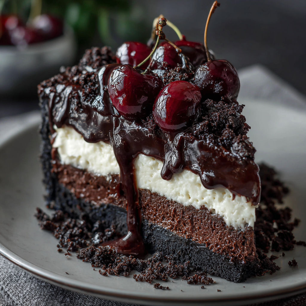 A slice of chocolate cake with cherries on top.