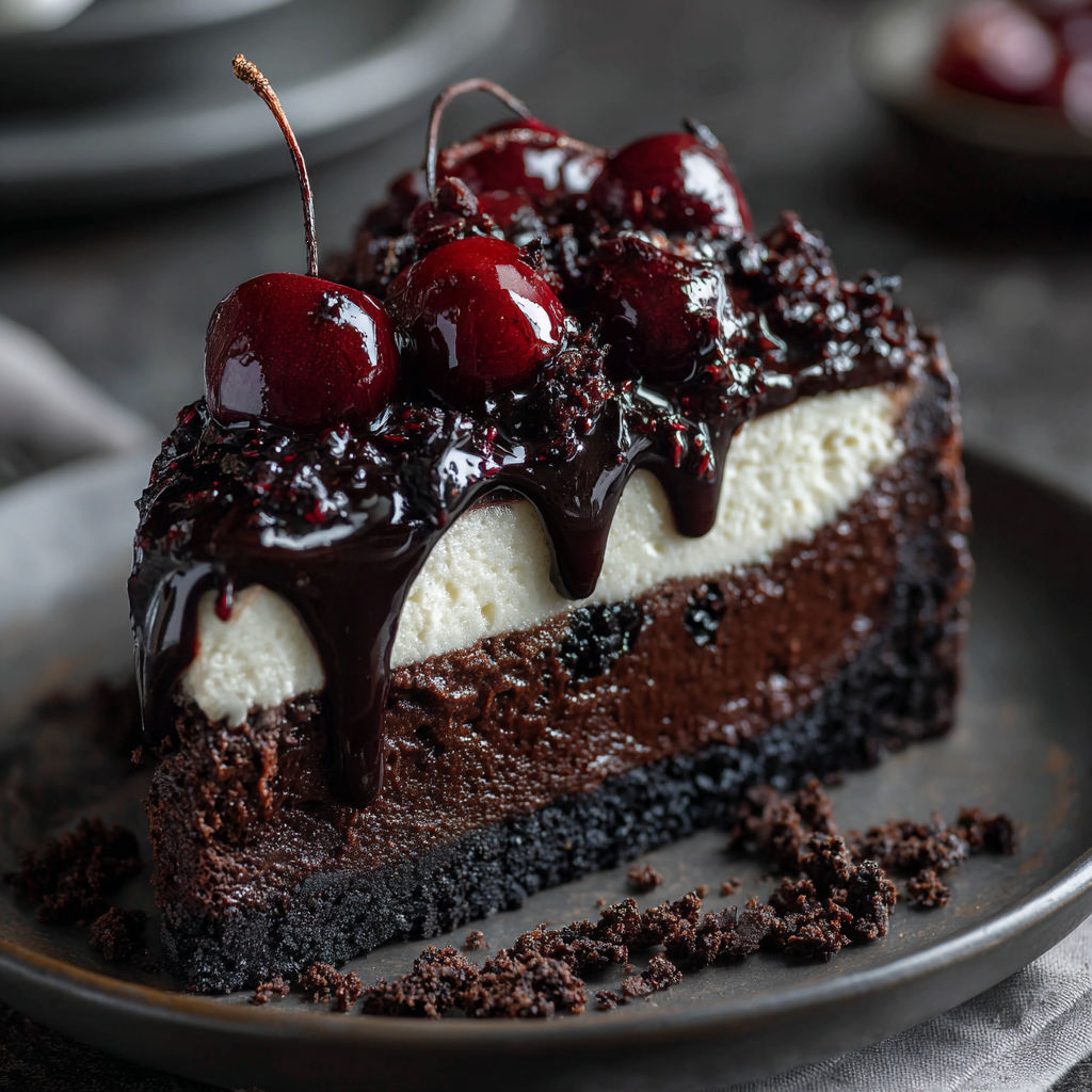 A slice of chocolate cake with cherries on top, drizzled with chocolate sauce.