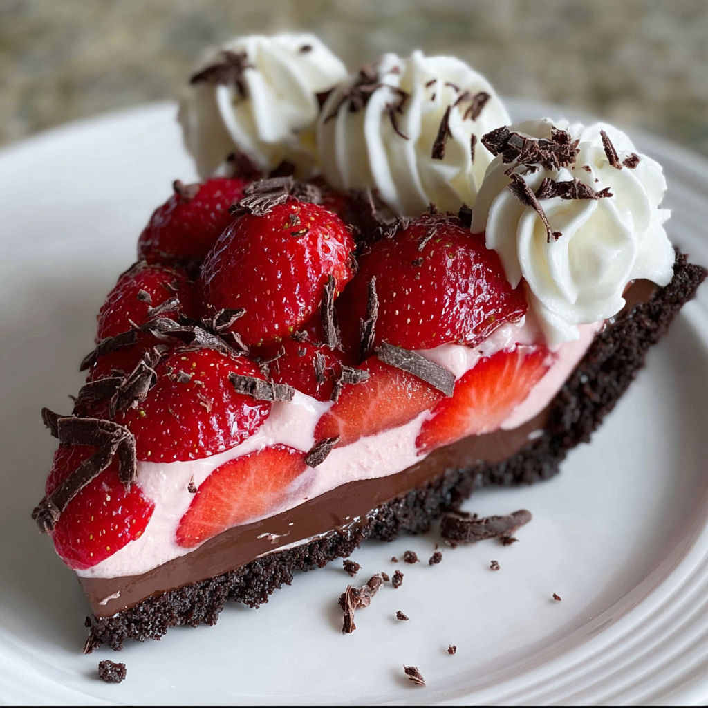 A slice of Chocolate Covered Strawberry Pie on a white plate.