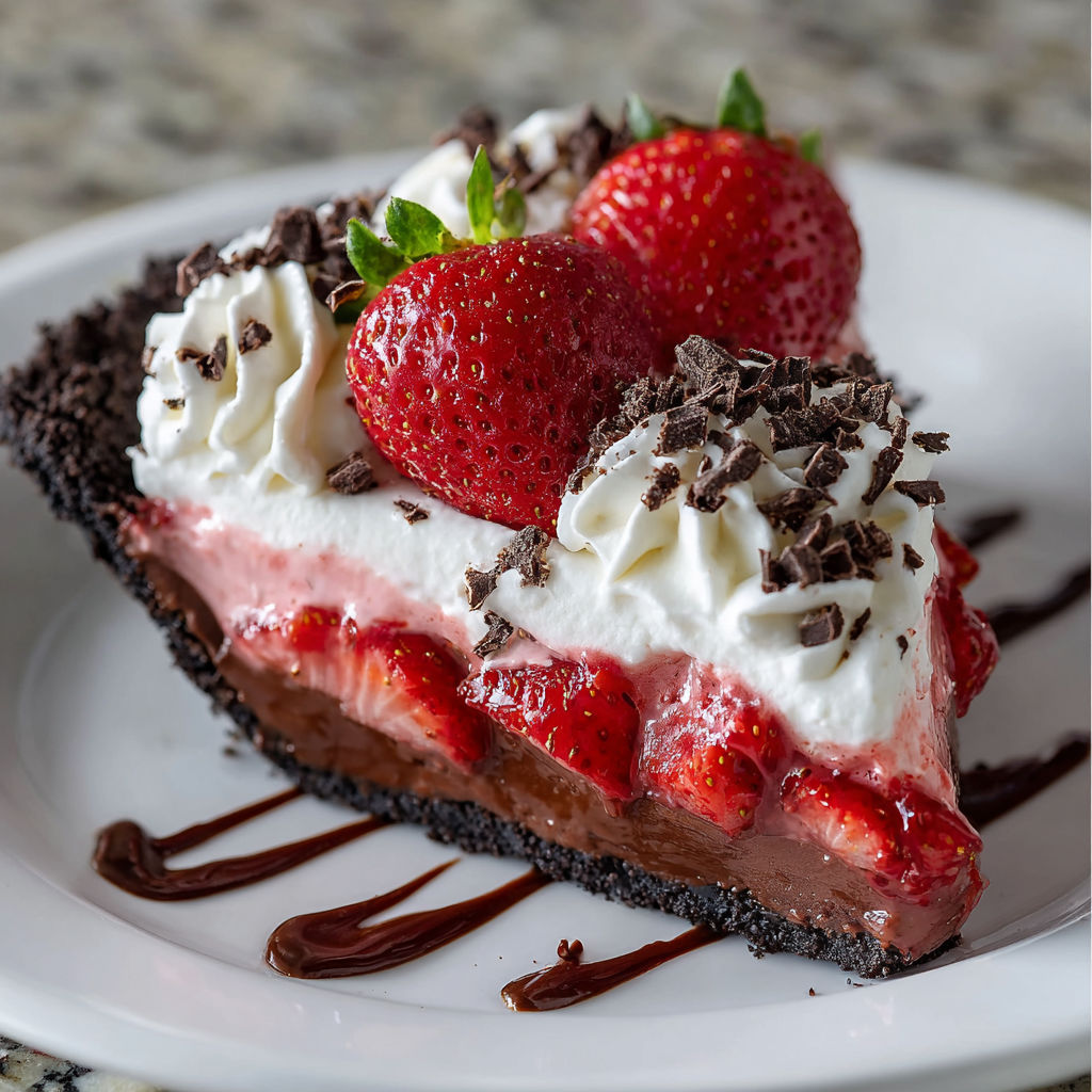 A slice of chocolate cake with strawberries on top, drizzled with chocolate sauce.