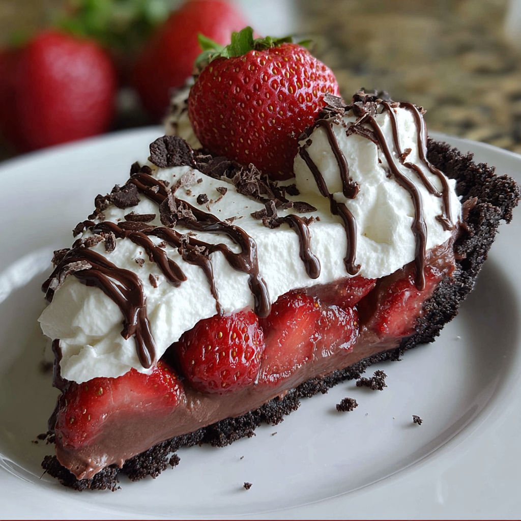 A slice of chocolate and strawberry pie with whipped cream on top.