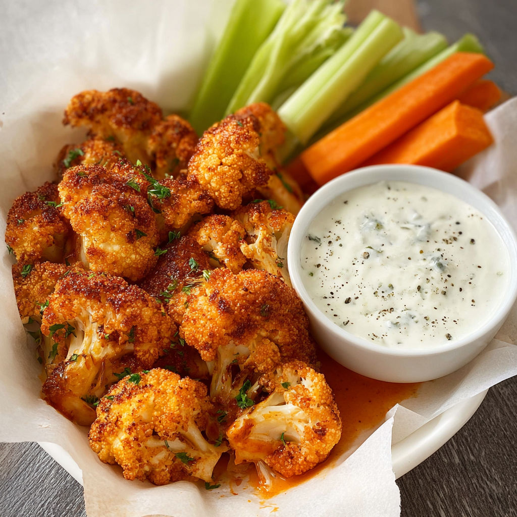 A plate of Cauliflower Buffalo Bites with a side of ranch dressing.