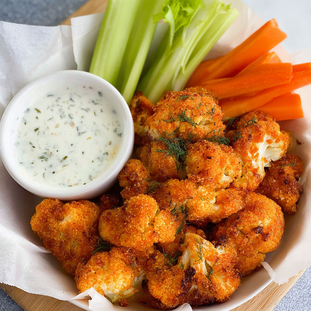 A bowl of chicken wings and vegetables, including carrots and celery, with a side of ranch dressing.