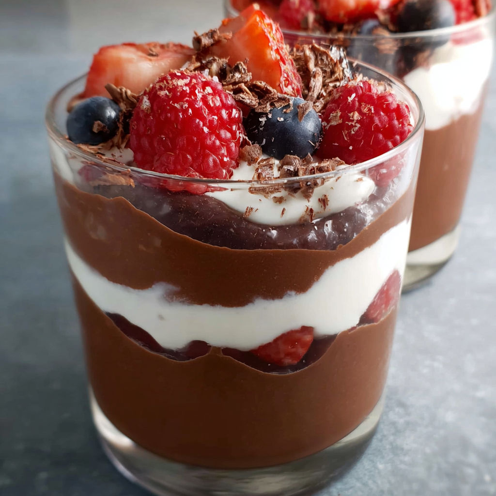 A glass of Vegan Chocolate Pudding Parfait with strawberries and blueberries on top.