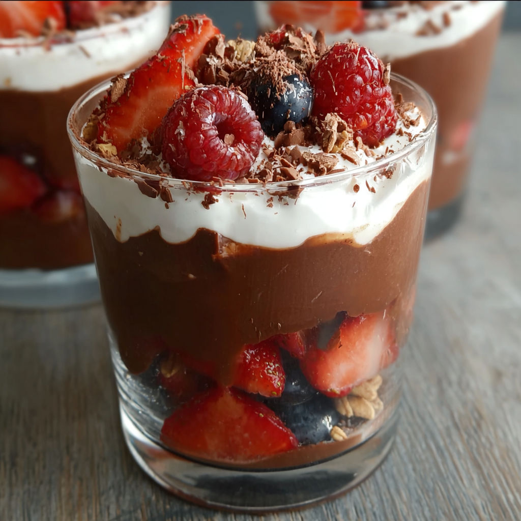 A close up of a delicious dessert in a glass cup, featuring chocolate, strawberries, and blueberries.