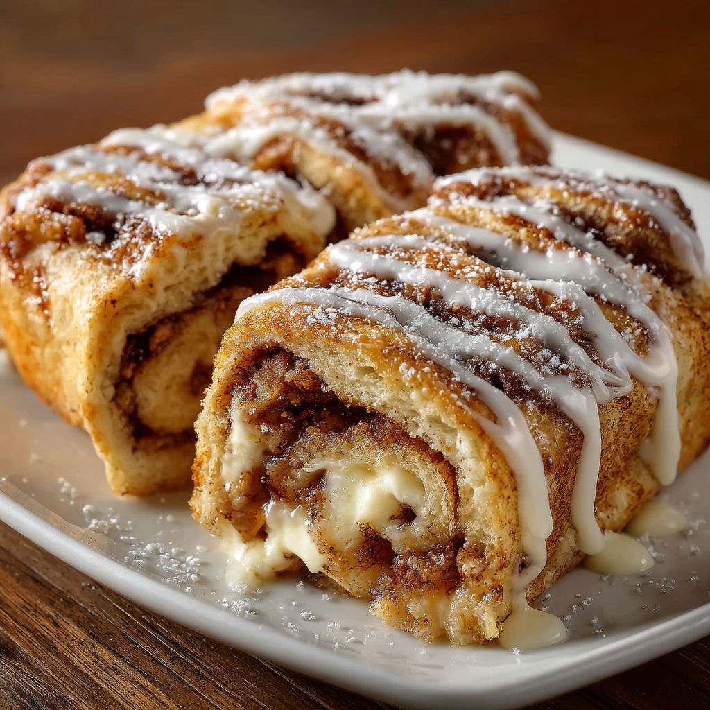 A plate of cinnamon roll cheesecake with white frosting and powdered sugar.