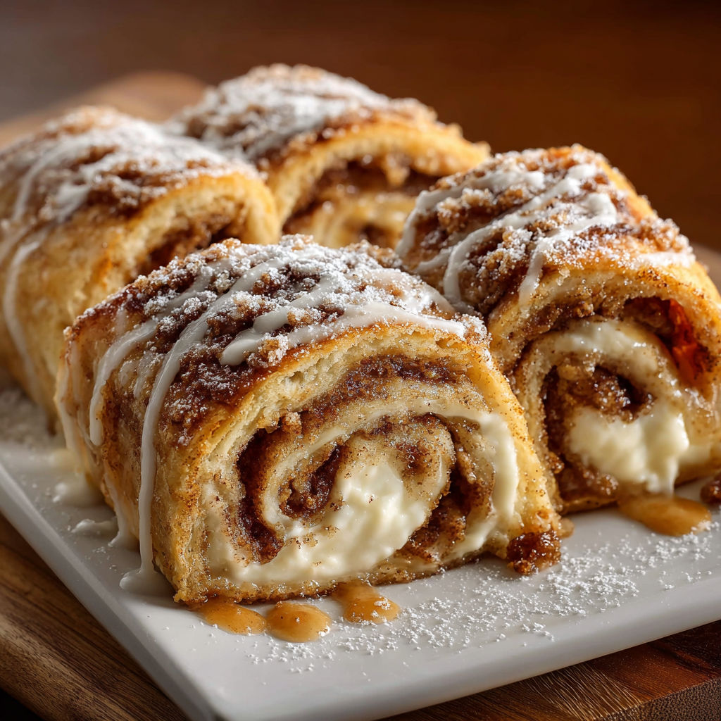 A plate of cinnamon roll cheesecake slices with powdered sugar on top.