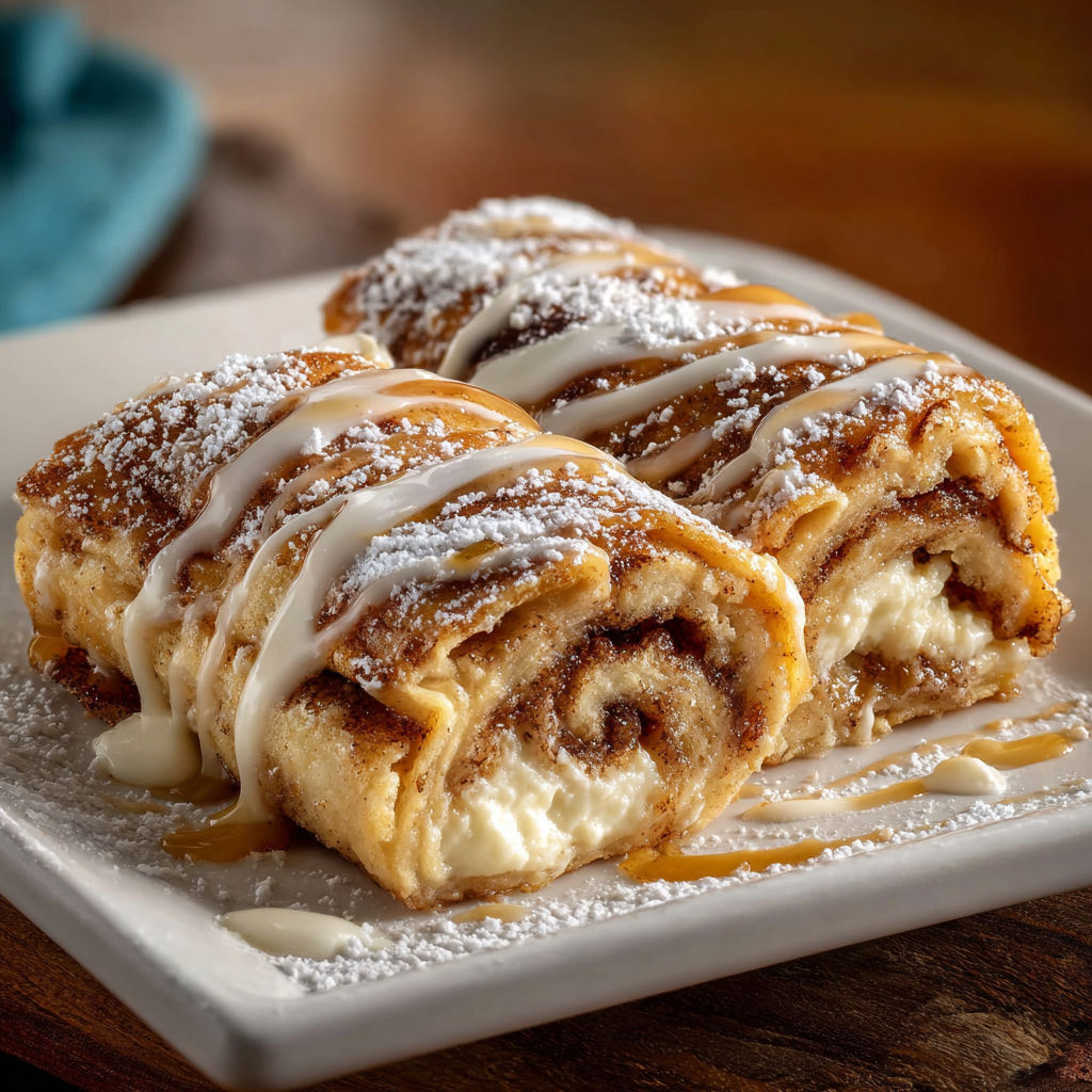 A delicious dessert, the Cinnamon Roll Cheesecake, is presented on a plate with powdered sugar and drizzled with caramel.