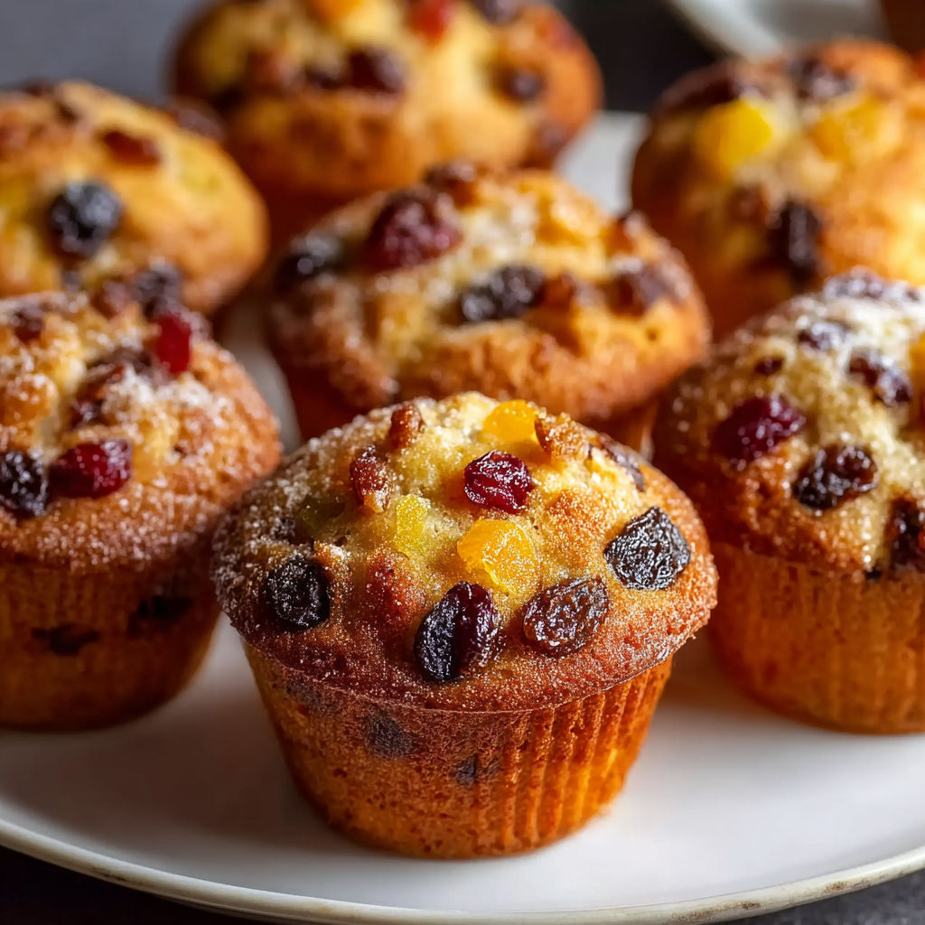 A plate of mini fruit cake muffins with a variety of fruits and spices.