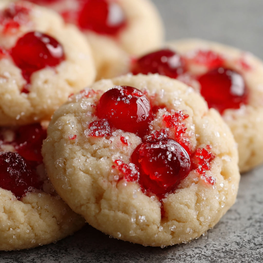 A plate of cookies with red jam in the middle.