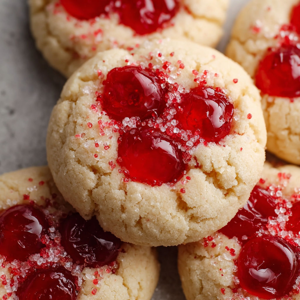 A close up of a cookie with red jam and sugar sprinkles.