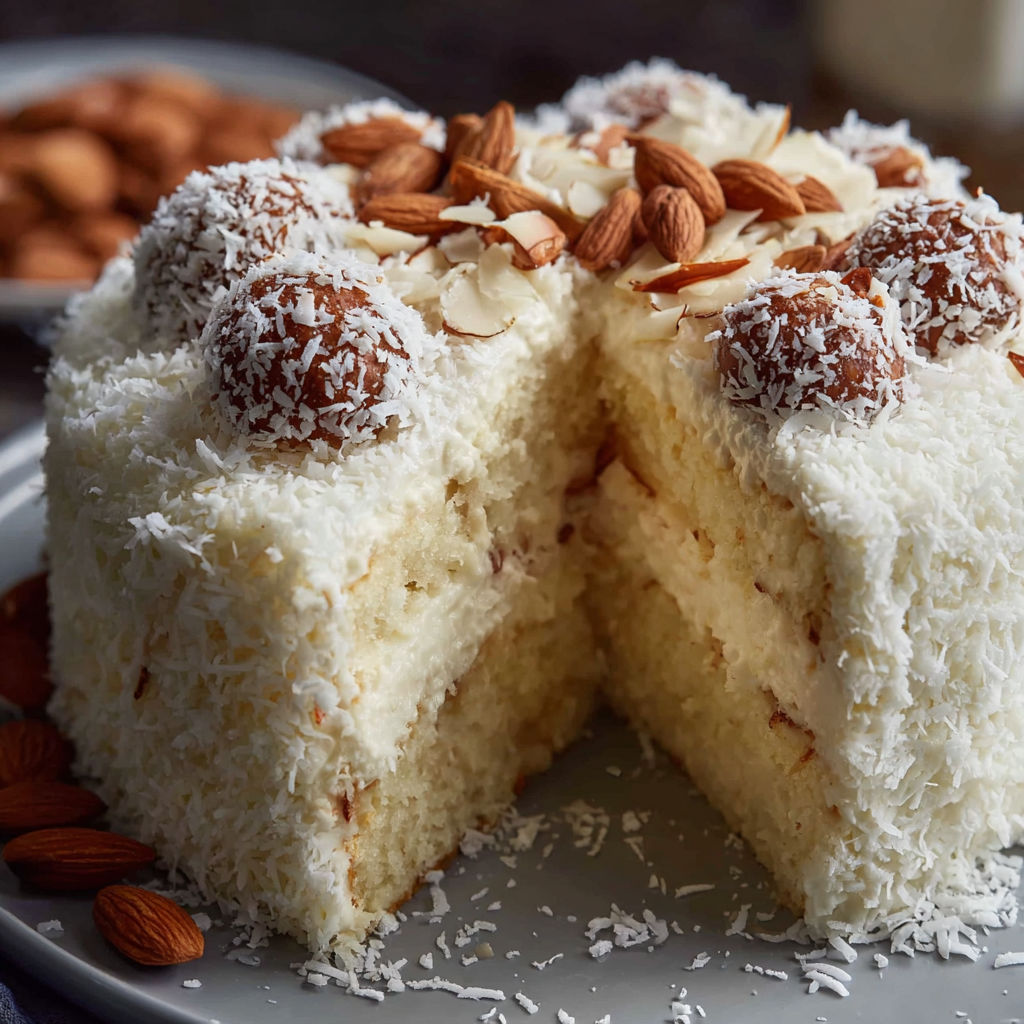 A slice of Almond Coconut Cake Raffaello Cake is displayed on a plate.