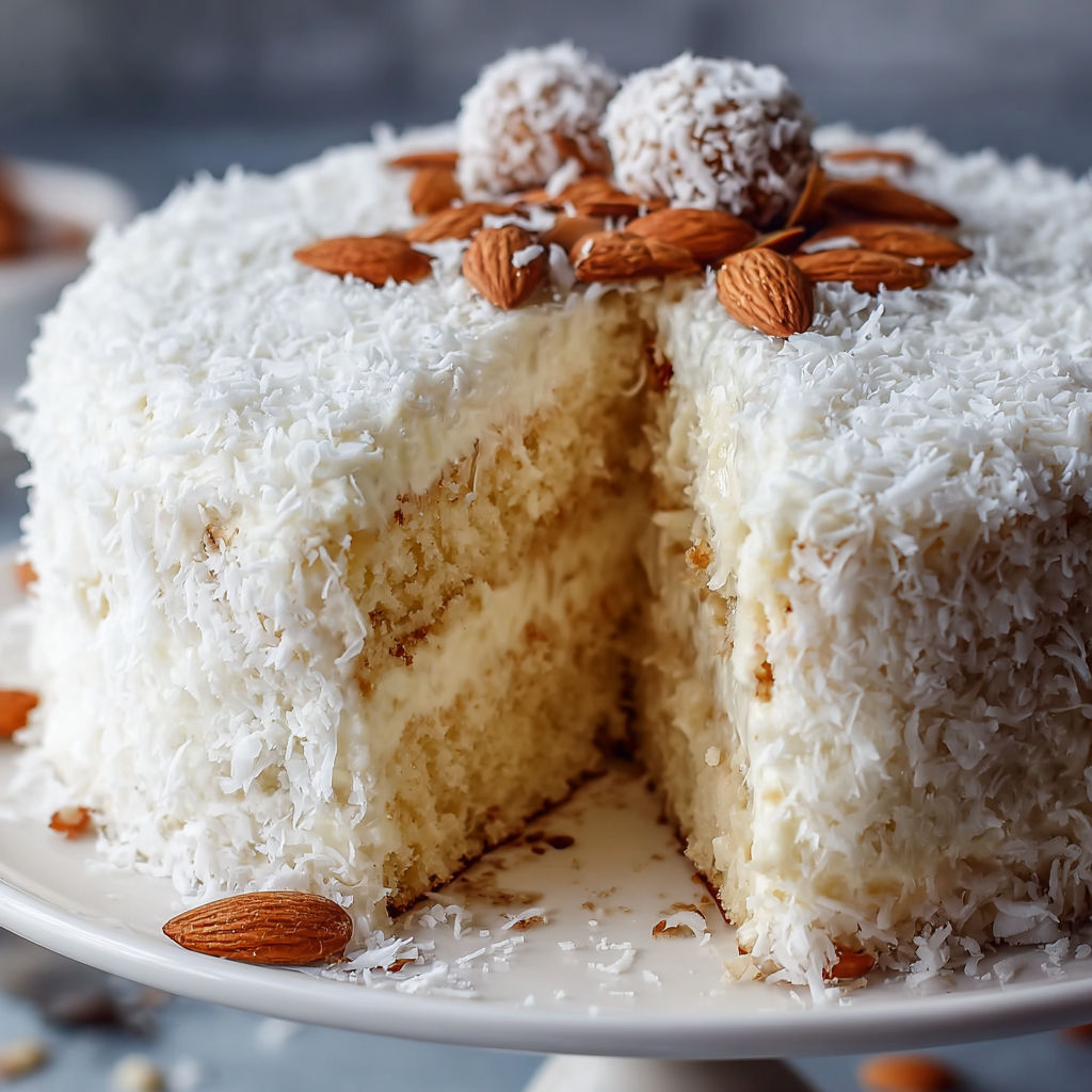 A slice of coconut cake with almonds on a plate.