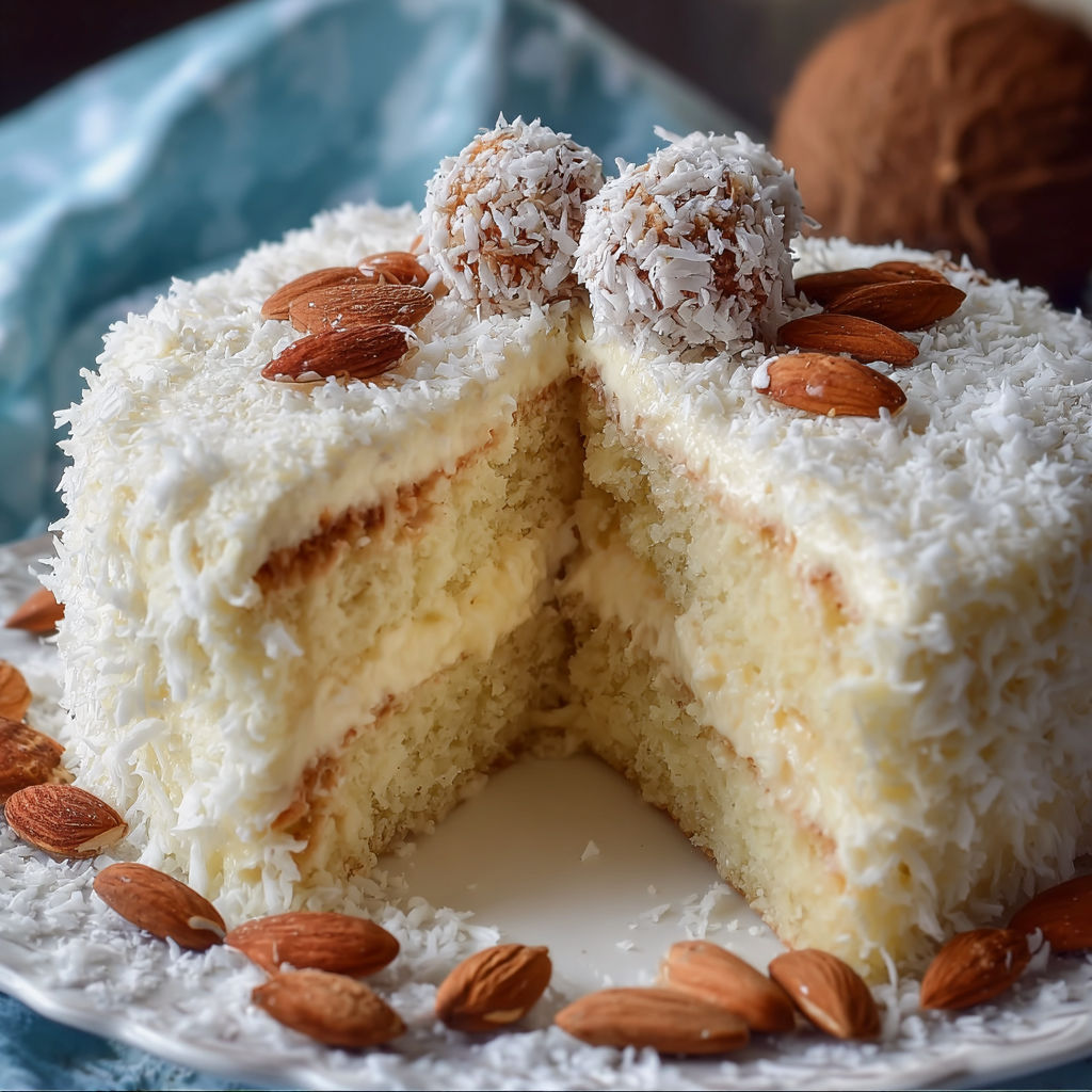 A slice of coconut cake with two balls of coconut on top.