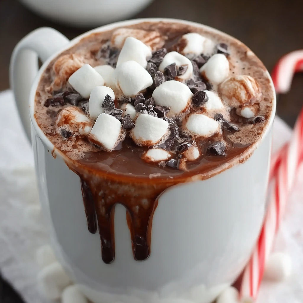 A cup of chocolate and marshmallows is displayed on a table.