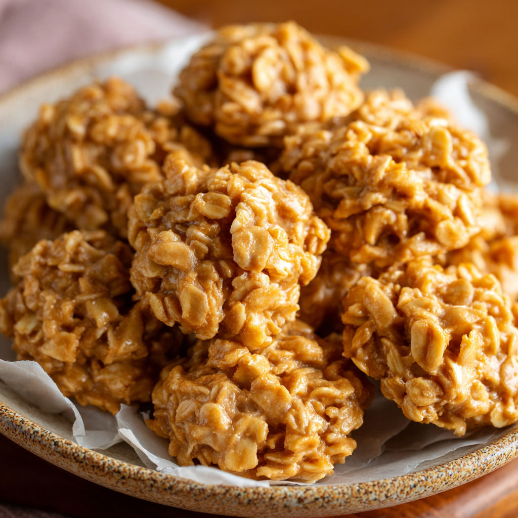 A plate of peanut butter no bake cookies.