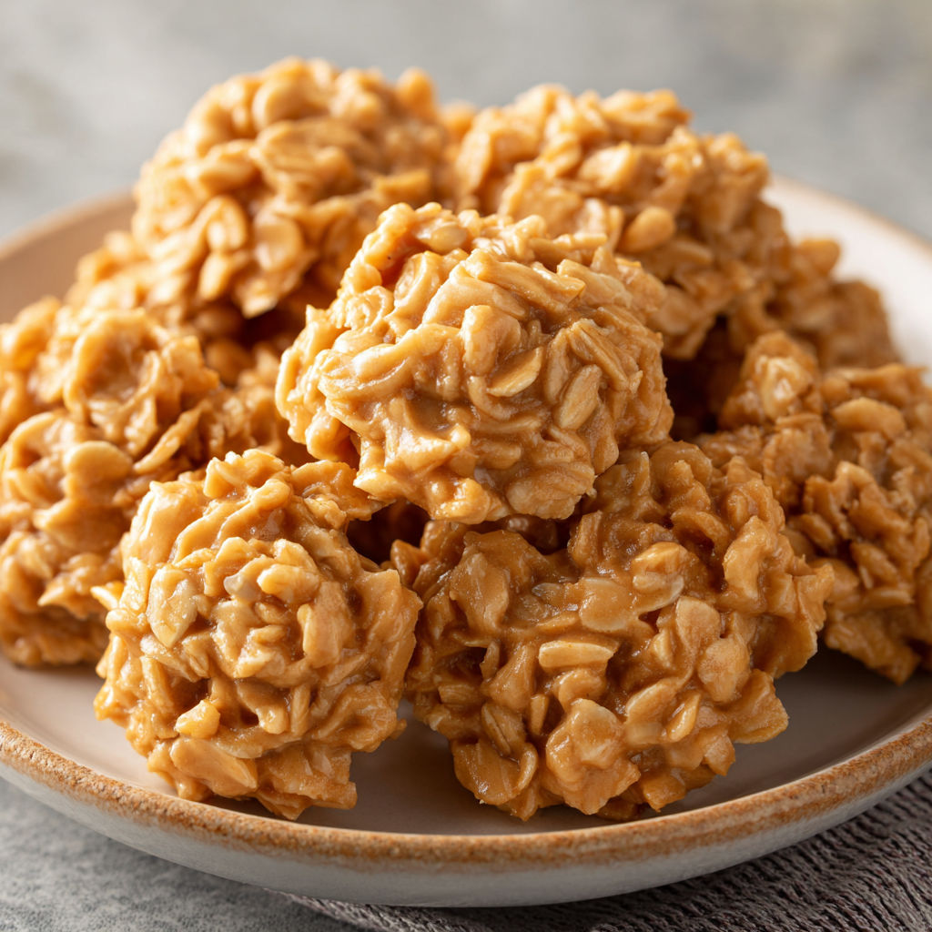 A plate of peanut butter no bake cookies.