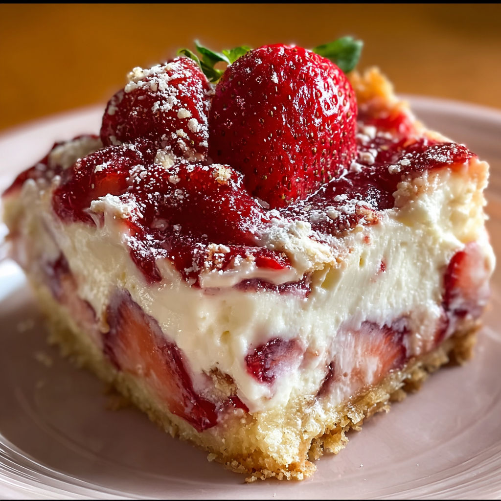 A slice of Donna Wood Strawberry Cheesecake Dump Cake is served on a plate.