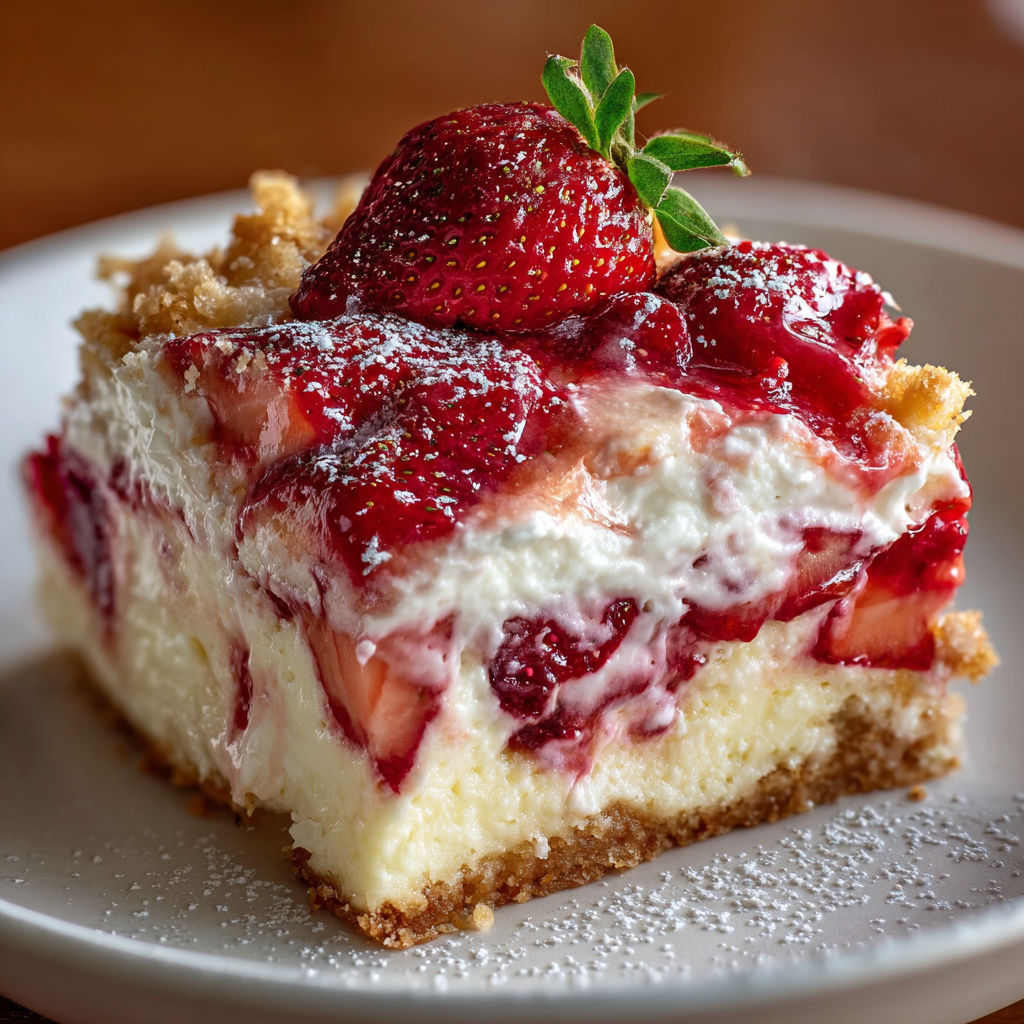 A slice of Donna Wood Strawberry Cheesecake Dump Cake is served on a white plate.